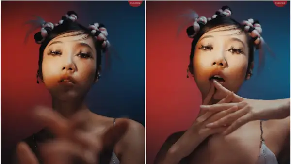 Split image shows a woman with braided buns. Left side uses harsh lighting, right side uses soft lighting, creating different moods.