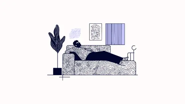 Mężczyzna leży na kanapie, pogrążony w myślach. Ilustracja symbolizuje prokrastynację i psychologię odkładania zadań na później.