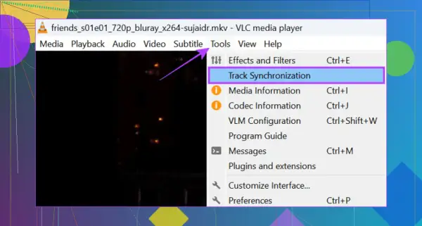 VLC media player menu with "Track Synchronization" highlighted, used to sync subtitles.