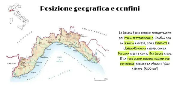La Liguria, con le sue colline, confina con Francia, Piemonte, Emilia-Romagna, Toscana e Mar Ligure. È la terzultima regione italiana per estensione.