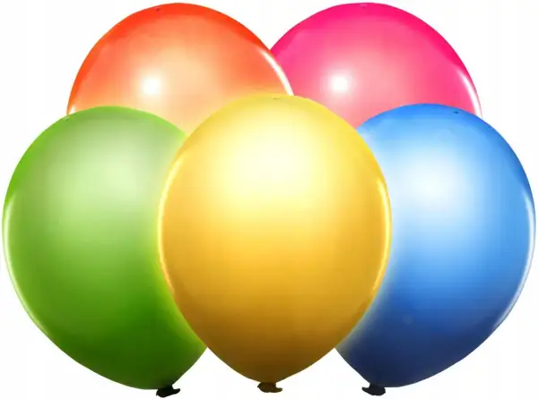 Pięć kolorowych, błyszczących balonów: pomarańczowy, zielony, żółty, różowy i niebieski. Te balony neonowe wyglądają jak tęcza.