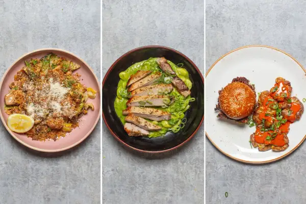 Festival food shopping list inspiration: crispy chicken with green sauce, a burger with smashed potatoes, and a pasta dish with lemon.