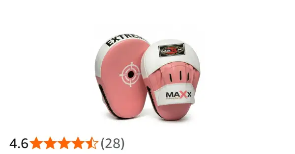 Pink and white boxing pads, perfect for training. Learn how to hold pads for boxing with these durable MAXX Pro Boxing Gear mitts.