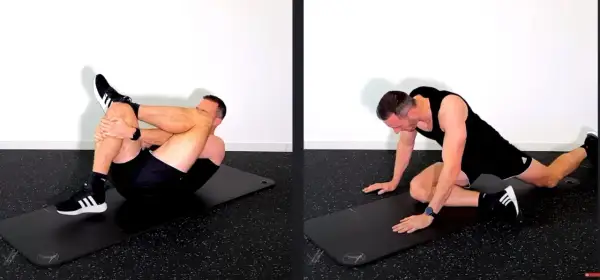 Man utför övningar för piriformis syndrom svenska. En övning liggande på rygg, en annan i sittande position.