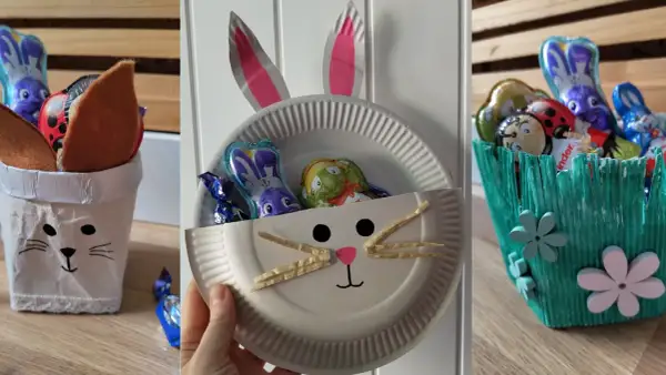 Drei süße Ideen zum Osternest basteln mit Kindern: ein Hasenbecher, ein Teller-Osterhase und ein grüner Osterkorb, gefüllt mit Schokohasen.