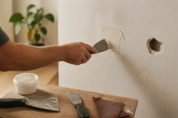 Main tenant utilise un enduit de rebouchage pour réparer un trou dans le mur. Des outils de bricolage sont visibles sur la table.