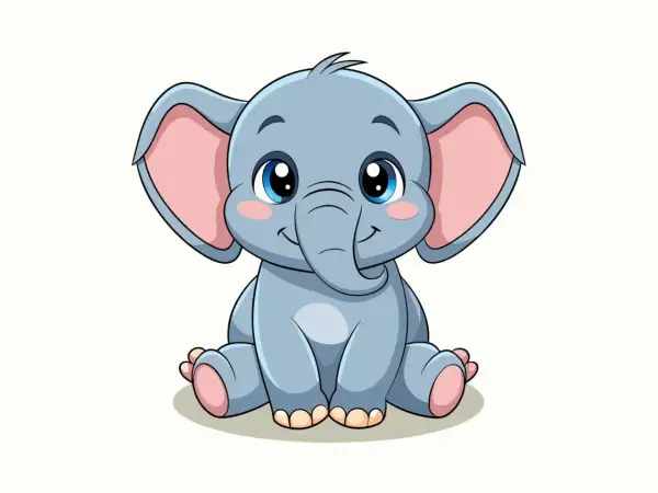 Elefante bebé azul, con grandes orejas rosadas y ojos brillantes. Ideal para copias para niños de 7 a 8 años.