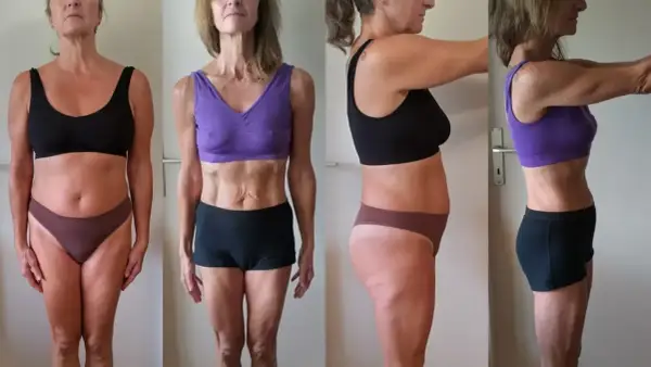 Transformation d'une femme montrant les résultats de prendre du muscle après 50 ans. Avant/après, vues de face et de profil.