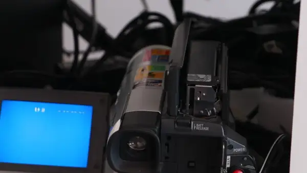 En videokamera med öppen lucka och en blå skärm. Kablar syns i bakgrunden, en påminnelse om analoga bilder och äldre teknik.