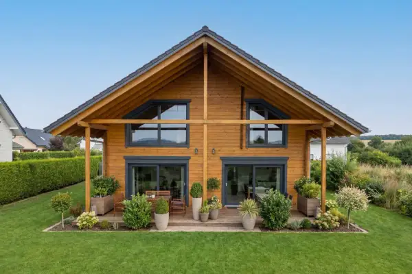 Ein schönes Holzhaus mit Terrasse und Garten. Informieren Sie sich über Holzhaus Kosten für Ihr Traumhaus.