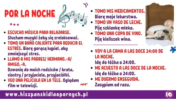 Podstawowe zwroty po hiszpańsku na wieczór: słucham muzyki, biorę kąpiel, dzwonię do bliskich, oglądam film, piję mleko lub wino, idę spać.