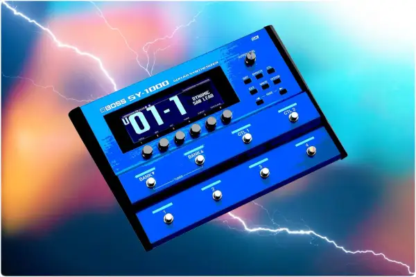 Niebieski BOSS SY-1000, gitarowy syntezator, gotowy do wywołania burzy dźwięków.