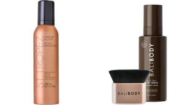 Due flaconi di autoabbronzante, uno mousse St. Tropez e un siero Bali Body, mostrano come funziona l'abbronzatura senza sole.