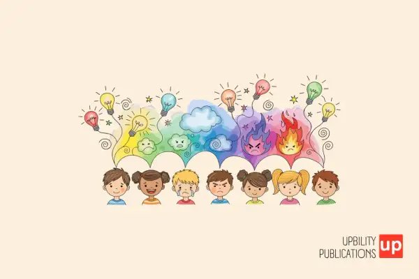 Ilustración de niños con diversas emociones, representadas por nubes de colores y bombillas encendidas.
