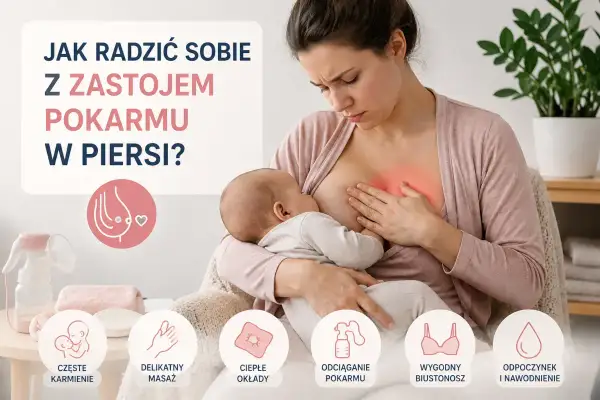 Kobieta karmi dziecko, czując ból z powodu zastoju pokarmu w piersi. Grafika podpowiada, jak sobie z tym radzić.