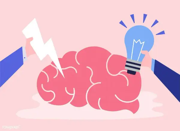 Een bliksemflits en een gloeilamp worden bij een roze brein gehouden, wat ideeën en creativiteit symboliseert, perfect voor hoogbegaafd.