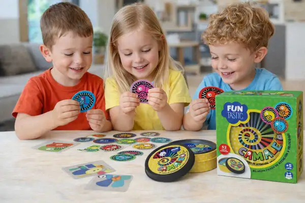 Niños sonríen jugando "Camaleón", un juego de mesa con cartas de colores. Ideal para actividades para niños de 6 a 12 años, fomenta la atención y velocidad.