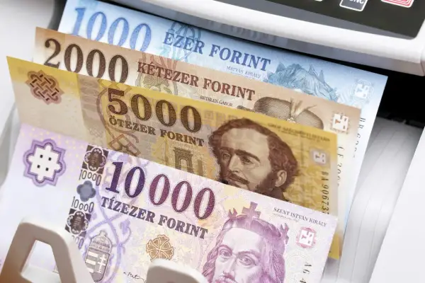 Stos banknotów w maszynie do liczenia. Widać nominały 1000, 2000, 5000 i 10000. To węgierska waluta, forint.