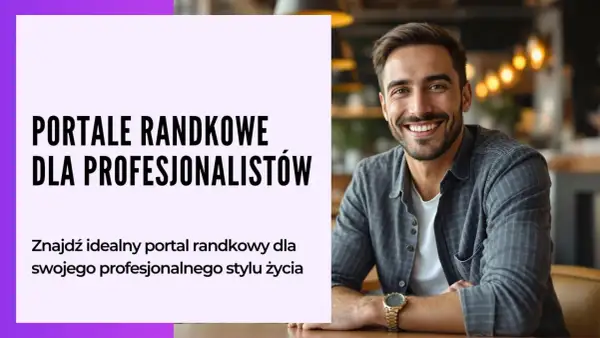 Uśmiechnięty mężczyzna na tle napisów "Portale randkowe dla profesjonalistów". Znajdź najlepsze aplikacje randkowe dla swojego stylu życia.