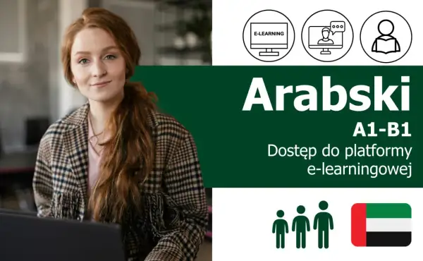 Młoda kobieta z rudymi włosami uczy się arabskiego online. Dostęp do platformy e-learningowej A1-B1.