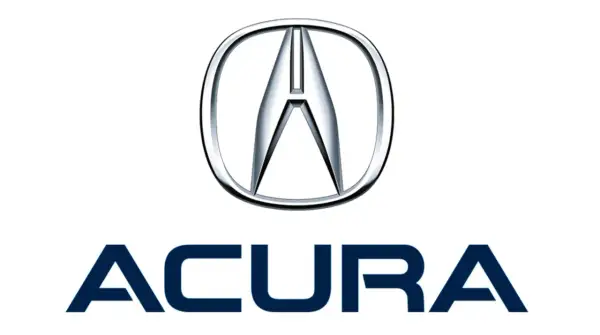 Logo i nazwa marki samochodów Acura. Srebrne logo z literą "A" w okręgu, pod nim granatowy napis "ACURA".