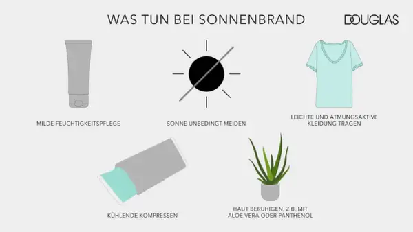 Tipps bei Sonnenbrand: Sonne meiden, leichte Kleidung, kühle Kompressen und Hautpflege mit Aloe Vera oder Panthenol.