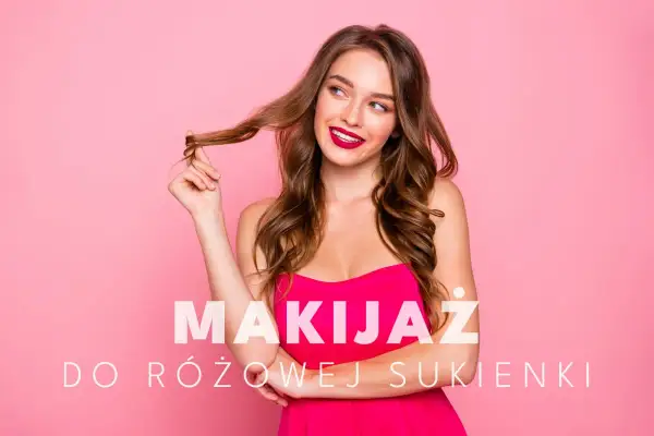 Uśmiechnięta kobieta w różowej sukience, z burzą brązowych włosów i wyrazistym makijażem. Idealny makijaż do różowej sukienki.