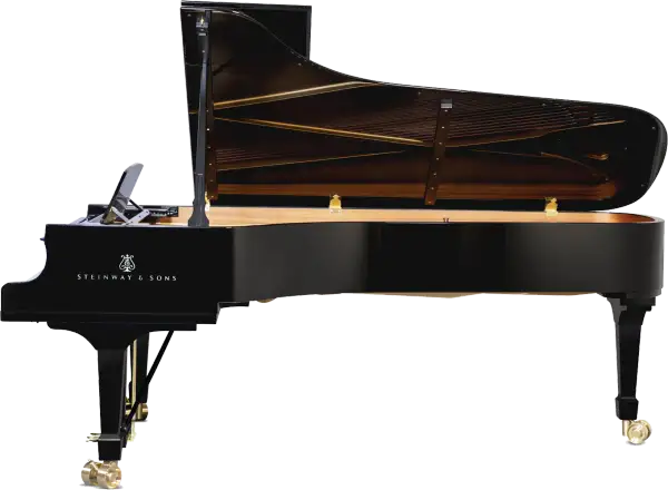 Czarny fortepian Steinway & Sons z otwartą klapą, ukazującą struny i drewniane wnętrze. Zastanawiasz się, ile kosztuje fortepian Steinway?