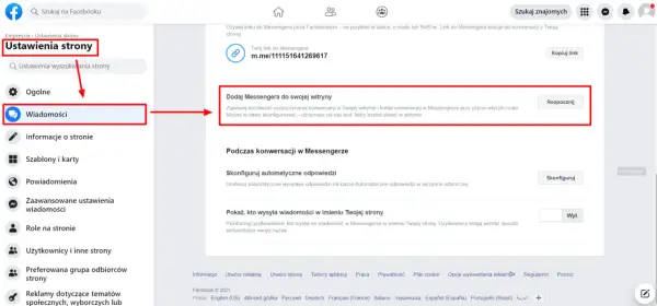 Kliknij "Wiadomości", aby dowiedzieć się, jak wejść w ustawienia Messengera i dodać go do swojej witryny.