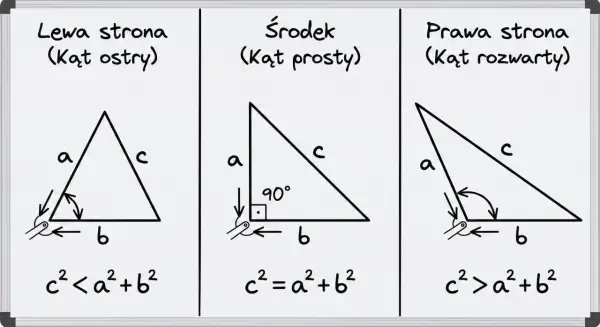 Trzy trójkąty ilustrują twierdzenie odwrotne do twierdzenia Pitagorasa: ostrokątny (c² < a²+b²), prostokątny (c² = a²+b²) i rozwartokątny (c² > a²+b²).