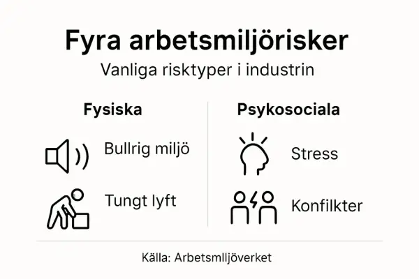 Fyra arbetsmiljörisker: bullrig miljö, tungt lyft, stress och konflikter. Ett mto perspektiv på vanliga risker i industrin.
