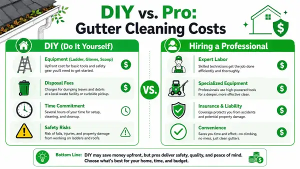 Infographic comparing DIY vs. Pro gutter cleaning costs, covering equipment, disposal, time, safety, labor, and convenience. Learn how to clean gutters effectively.
