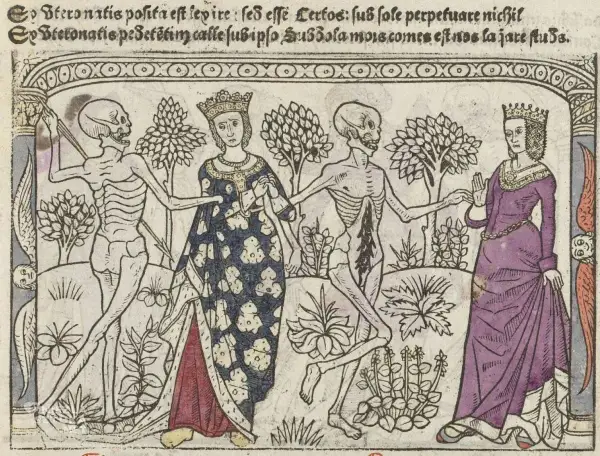 Taniec śmierci, motyw danse macabre w literaturze, ukazuje szkielety wiodące do tańca królową i damę.