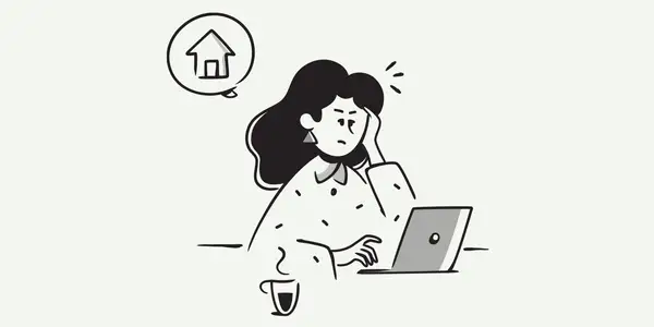 Mujer preocupada frente a un portátil, pensando en un anexo de contrato de alquiler para quitar inquilino.