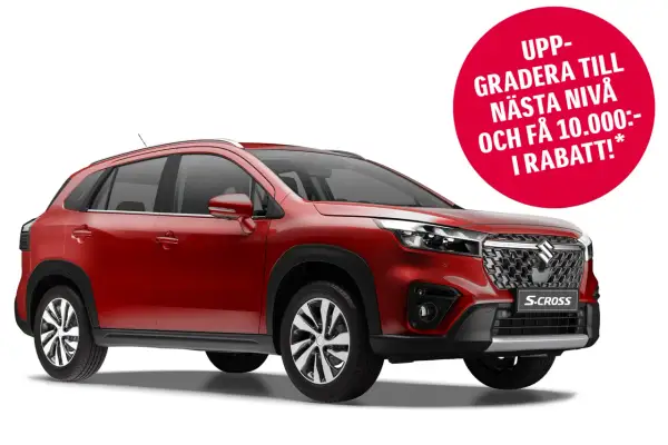 Röd Suzuki S-Cross redo för en suzuki s-cross test. Erbjudande om uppgradering med 10.000 kr rabatt.
