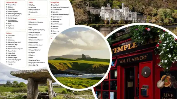 Packliste Irland: Dokumente, Kleidung, Schuhe, Kulturbeutel, Reiseapotheke. Dazu Bilder von Schlössern, grünen Hügeln und einem Pub.