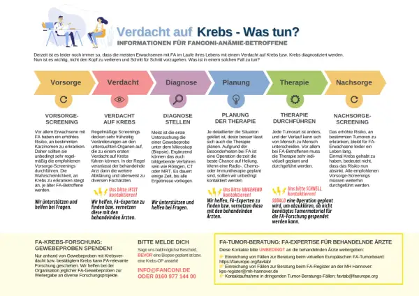 Schritte bei Verdacht auf Krebs bei Fanconi-Anämie: Vorsorge, Verdacht, Diagnose, Planung, Therapie, Nachsorge. Informationen für seltene krebsarten.