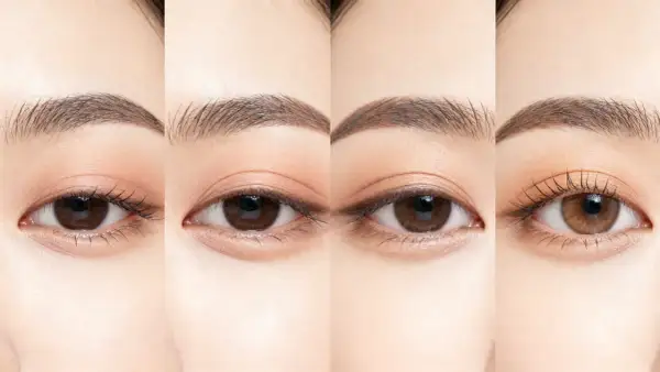Quattro occhi mostrano i passaggi di un tutorial trucco occhi: prima, con ombretto leggero, con eyeliner e infine con mascara.