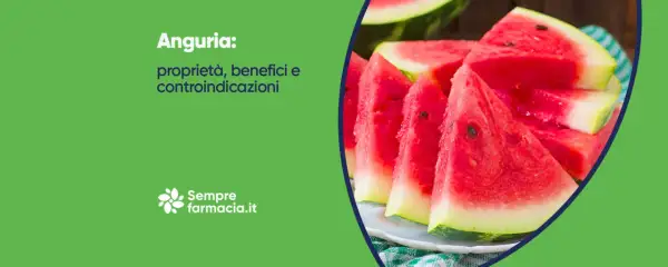 Anguria: proprietà, benefici e controindicazioni. Fette succose di anguria su un piatto, con testo informativo.