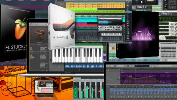 Kolaż przedstawiający ekrany różnych programów typu digital audio workstation, takich jak FL Studio, Studio One i Pro Tools, z widocznymi ścieżkami audio i wirtualnymi instrumentami.
