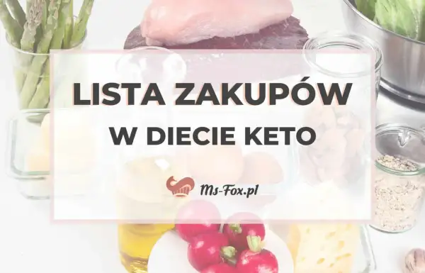 Lista produktów keto: szparagi, kurczak, jajka, olej, rzodkiewki, ser, orzechy, płatki.