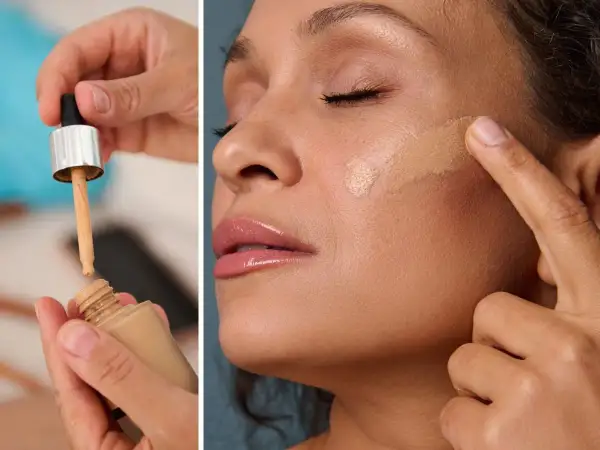 Bielenda Skin Perfection: aplikacja podkładu z pipetką i rozprowadzanie go palcem na twarzy dla idealnego krycia.
