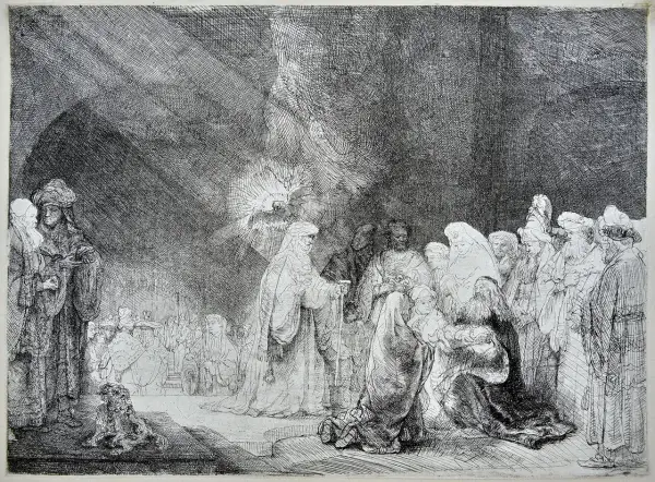 Rembrandt Zeichnungen: Eine Szene mit vielen Figuren, die sich um eine kniende Frau und ein Kind versammeln. Ein Lichtstrahl fällt von oben herab.