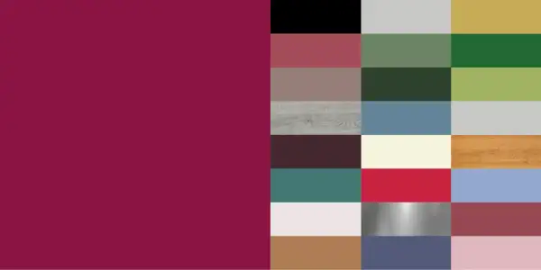 Tabelle abbinamento colori bordeaux: campioni cromatici che spaziano dal nero al rosa tenue, passando per verdi, grigi e legni.