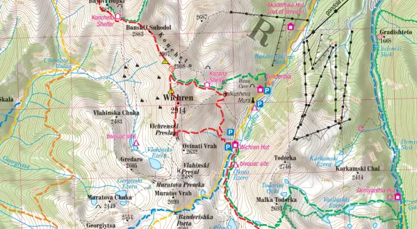 Mapa topograficzna gór w Bułgarii, z zaznaczonym szczytem Wichren (2914 m) i szlakami turystycznymi.