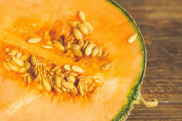 Przekrojony melon z pestkami. Czy pies może jeść melona? Tak, ale bez pestek i skórki.