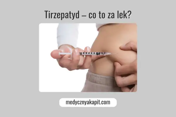 Osoba wykonuje zastrzyk z lekiem, który może być stosowany w leczeniu otyłości, podobnie jak **Zepbound**.
