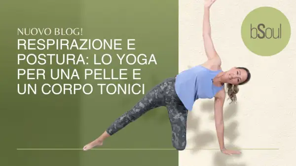 Donna in posa yoga, con enfasi su postura e respirazione per un corpo tonico.