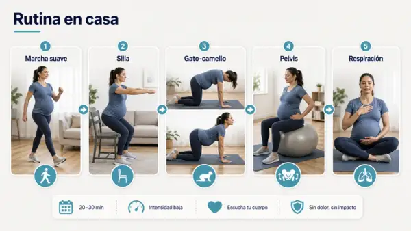 Rutina en casa: marcha suave, sentadillas, gato-camello, pelvis y respiración. Ejercicios para embarazadas de baja intensidad.