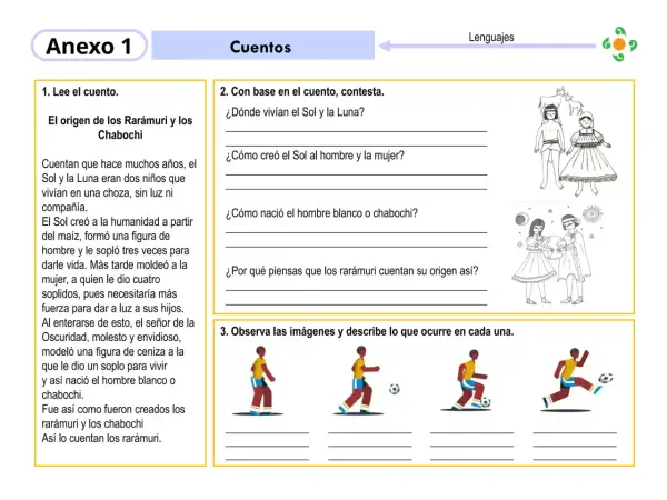 Actividad de comprensión lectora 4 primaria para imprimir. El Anexo 1 presenta un cuento sobre el origen de los Rarámuri y Chabochi.